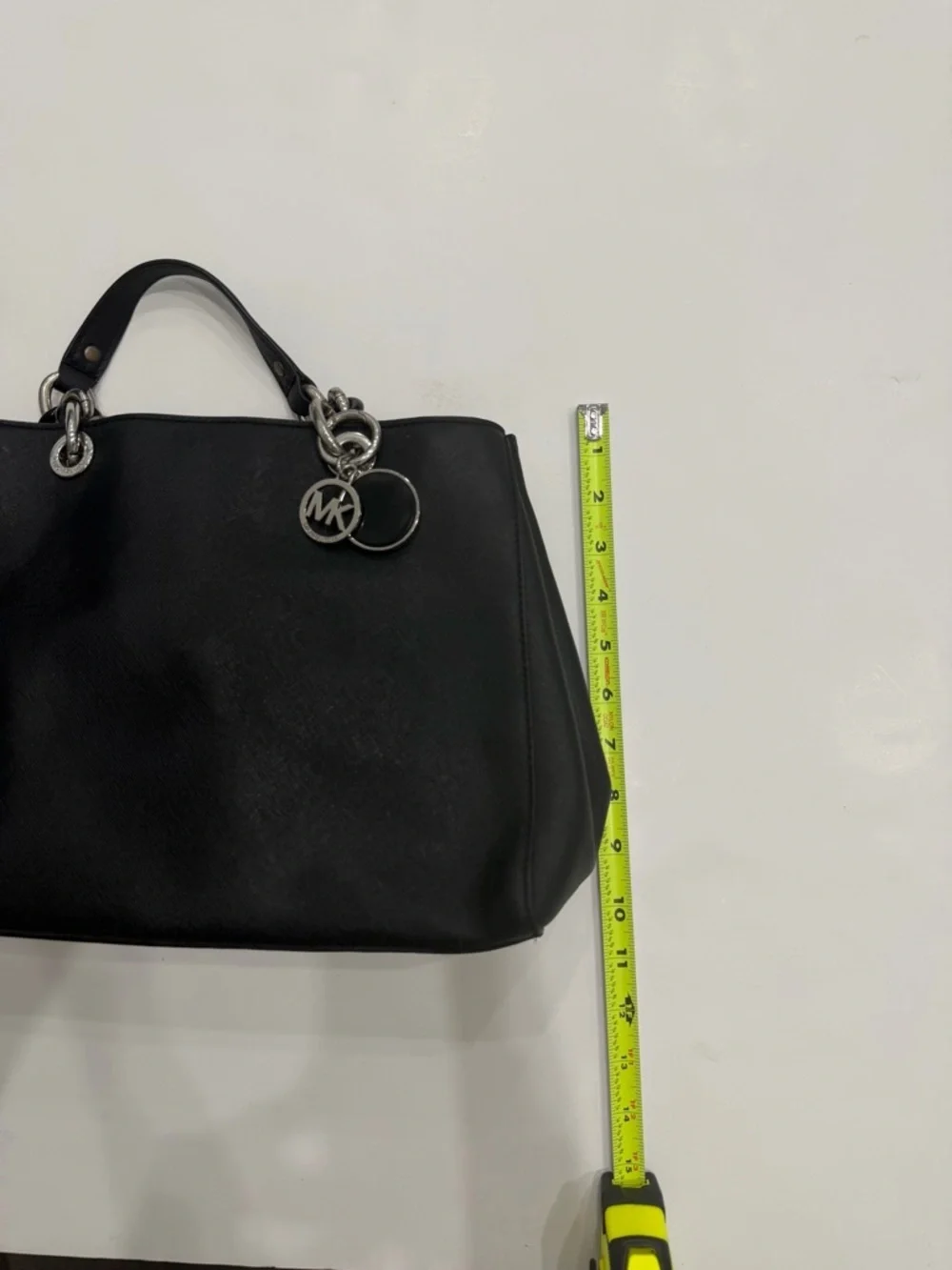 MICHAEL KORS Black Tote Shoulder Bag Silver Chain Strap MK Charm Classic